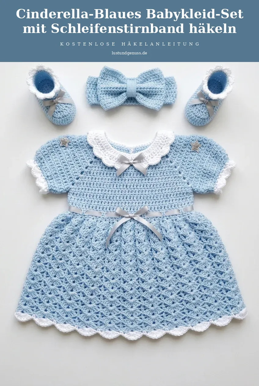 Cinderella-Blaues Babykleid-Set mit Schleifenstirnband häkeln