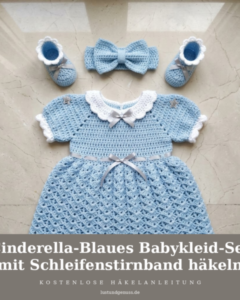 Cinderella-Blaues Babykleid-Set mit Schleifenstirnband häkeln