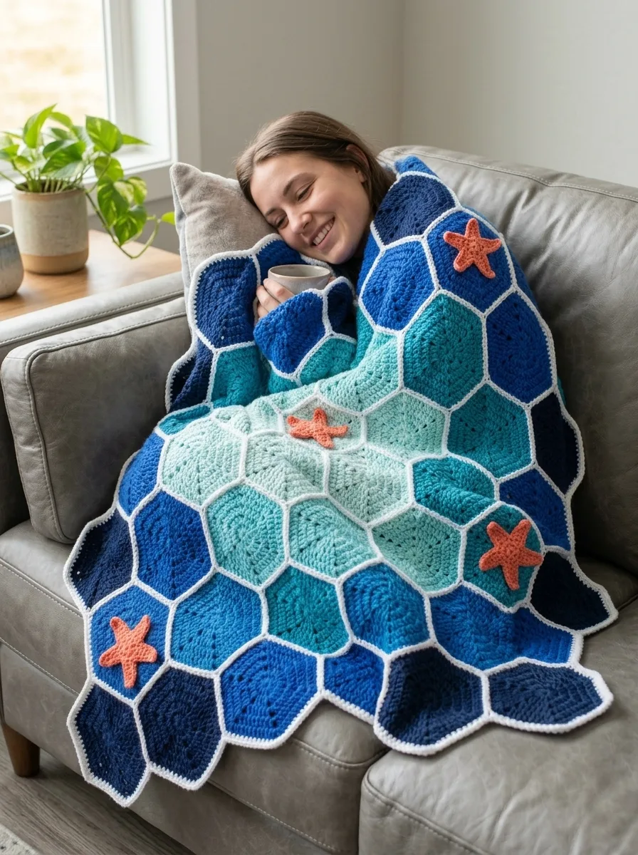Ozeanwellen-Hexagon-Sofadecke häkeln