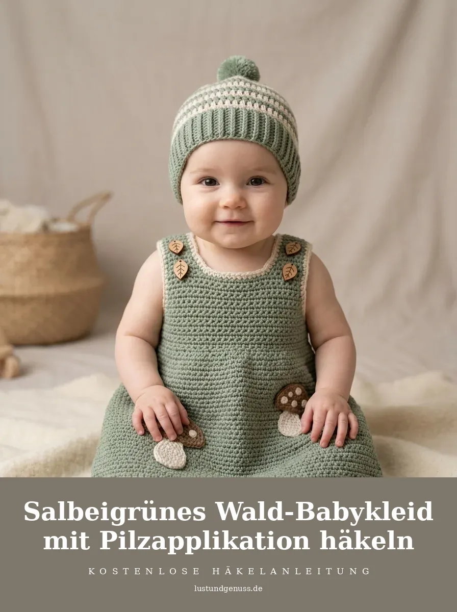 Salbeigrünes Wald-Babykleid mit Pilzapplikation häkeln