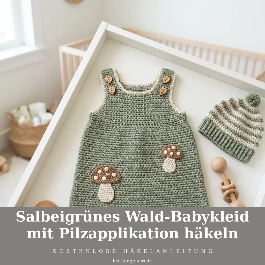 Salbeigrünes Wald-Babykleid mit Pilzapplikation häkeln