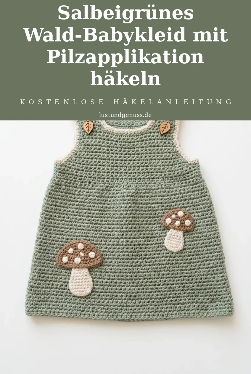 Salbeigrünes Wald-Babykleid mit Pilzapplikation häkeln