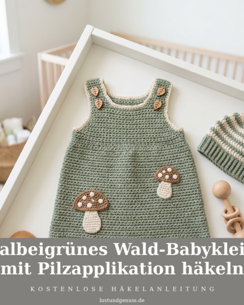 Salbeigrünes Wald-Babykleid mit Pilzapplikation häkeln