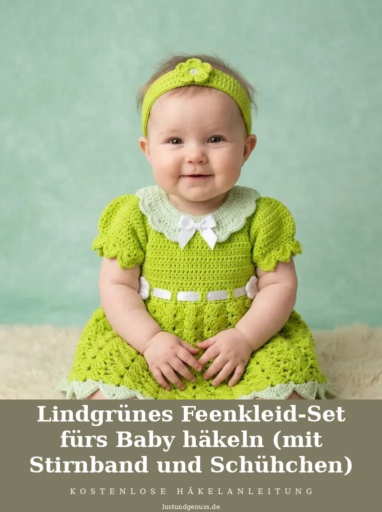 Lindgrünes Feenkleid-Set fürs Baby häkeln (mit Stirnband und Schühchen)