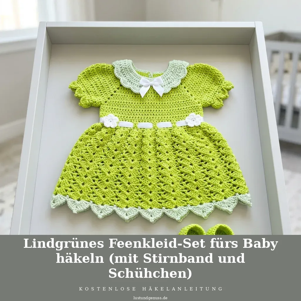 Lindgrünes Feenkleid-Set fürs Baby häkeln (mit Stirnband und Schühchen)