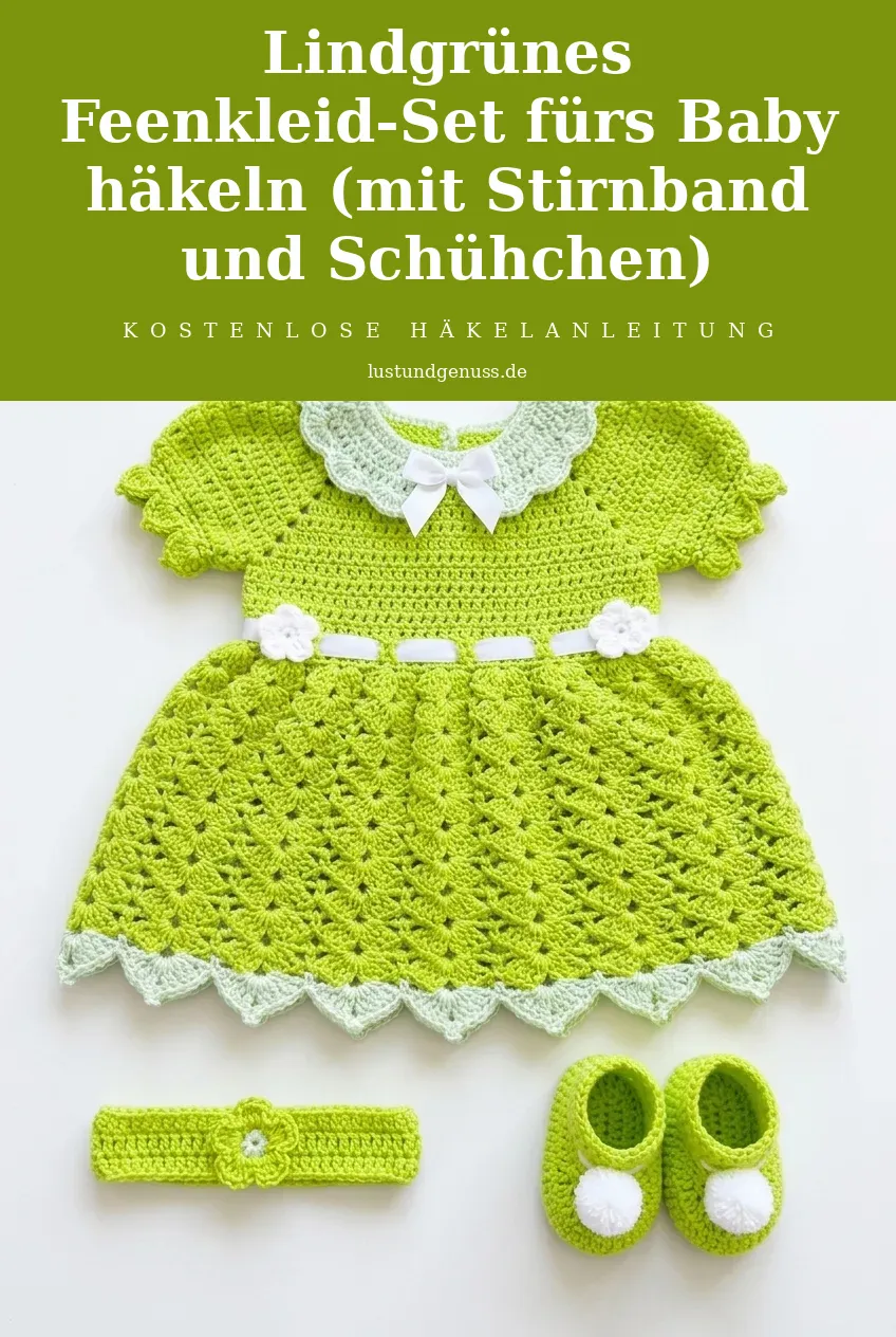 Lindgrünes Feenkleid-Set fürs Baby häkeln (mit Stirnband und Schühchen)