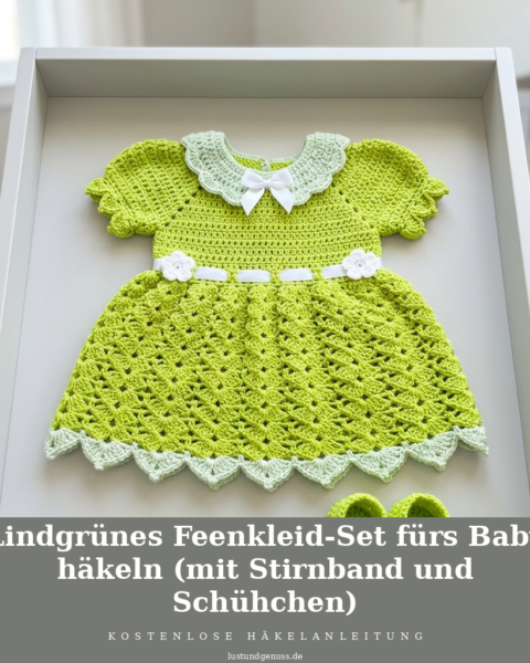 Lindgrünes Feenkleid-Set fürs Baby häkeln (mit Stirnband und Schühchen)