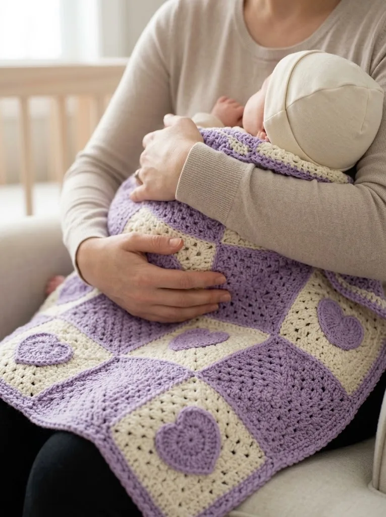 Lavendel-Herzen-Babydecke aus Granny-Quadraten häkeln