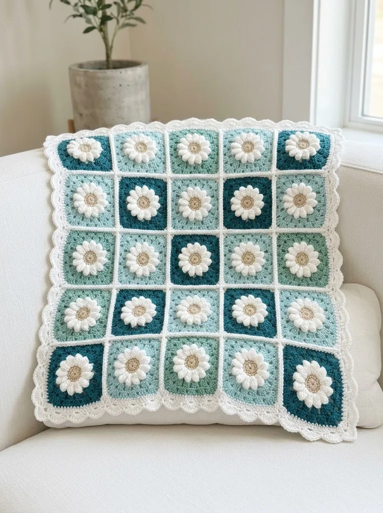 Ozeanblaue Gänseblümchen-Decke aus Granny-Quadraten häkeln
