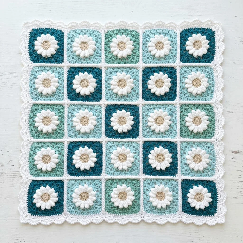 Ozeanblaue Gänseblümchen-Decke aus Granny-Quadraten häkeln