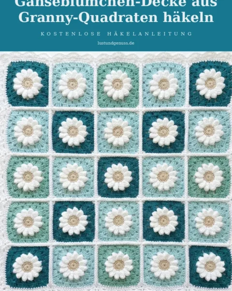 Ozeanblaue Gänseblümchen-Decke aus Granny-Quadraten häkeln