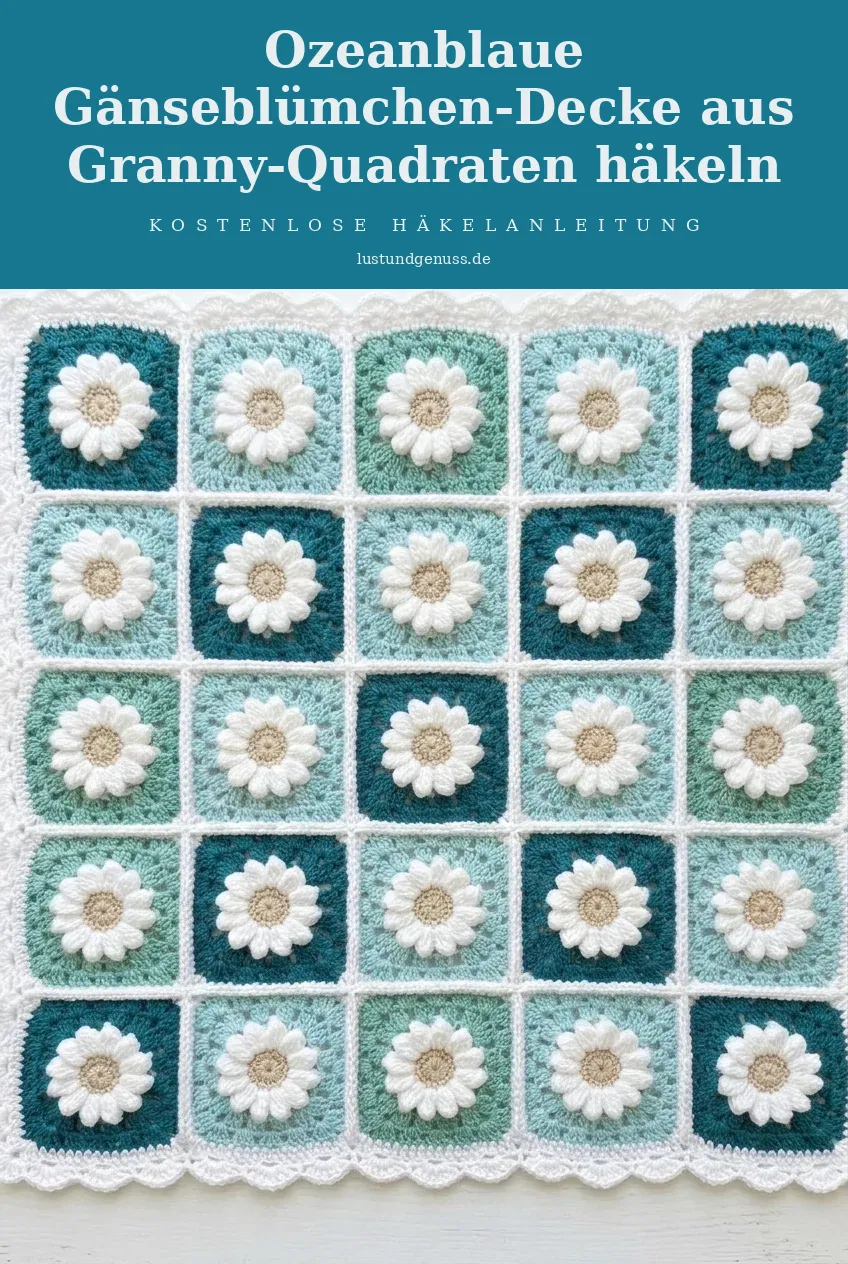 Ozeanblaue Gänseblümchen-Decke aus Granny-Quadraten häkeln