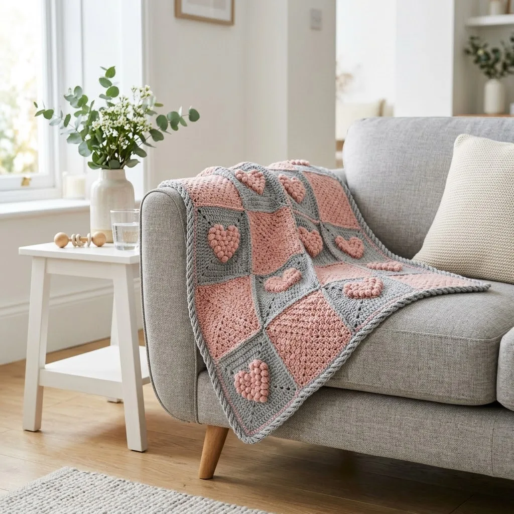Grau-Rosa Herzen-Decke mit Noppen häkeln
