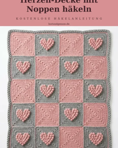 Grau-Rosa Herzen-Decke mit Noppen häkeln
