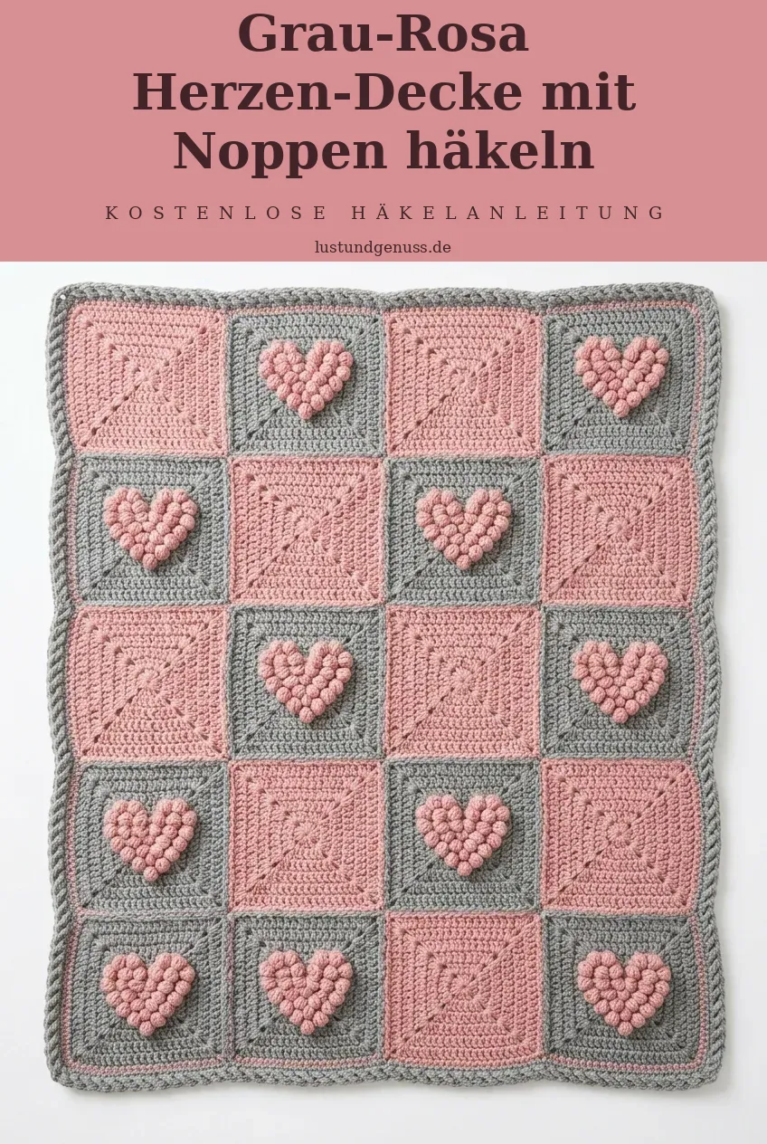 Grau-Rosa Herzen-Decke mit Noppen häkeln