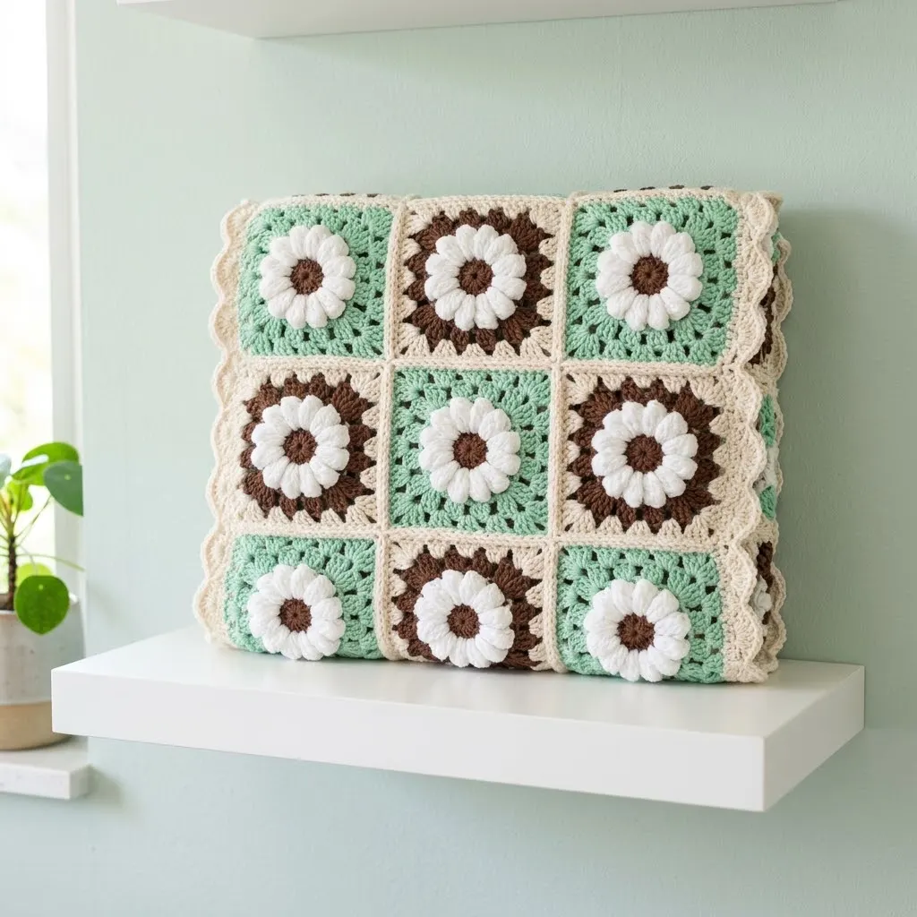 Minz-Schoko-Gänseblümchen-Decke aus Granny-Quadraten häkeln