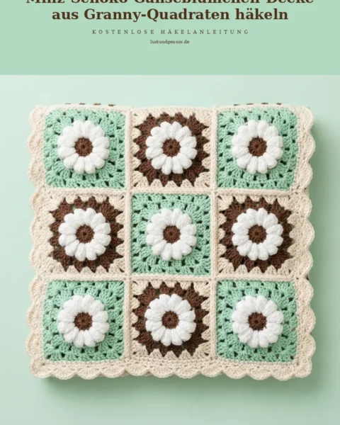 Minz-Schoko-Gänseblümchen-Decke aus Granny-Quadraten häkeln