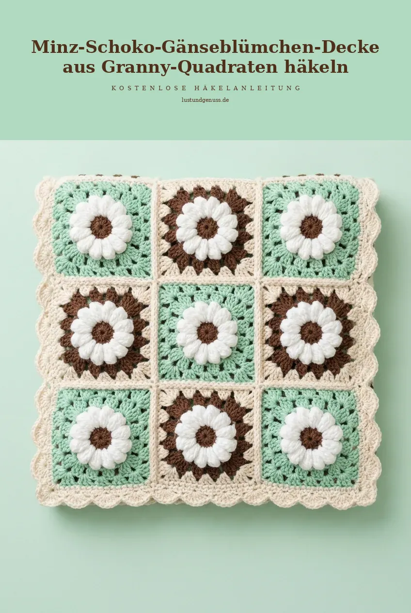 Minz-Schoko-Gänseblümchen-Decke aus Granny-Quadraten häkeln