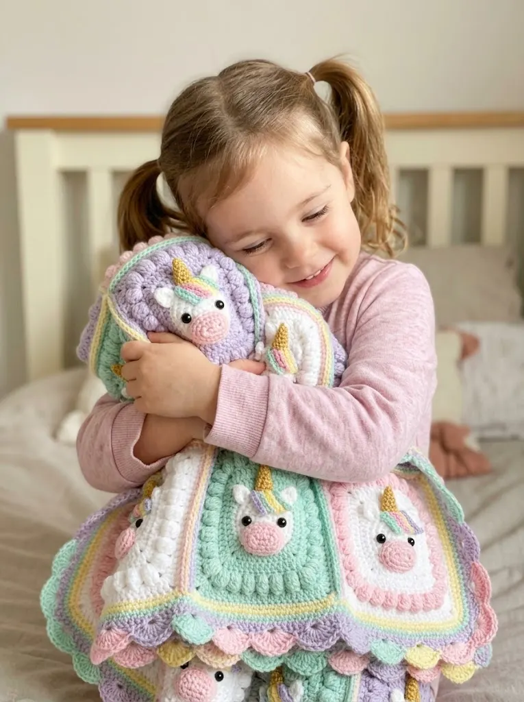 Pastell-Regenbogen-Einhorn-Decke aus Granny-Quadraten häkeln