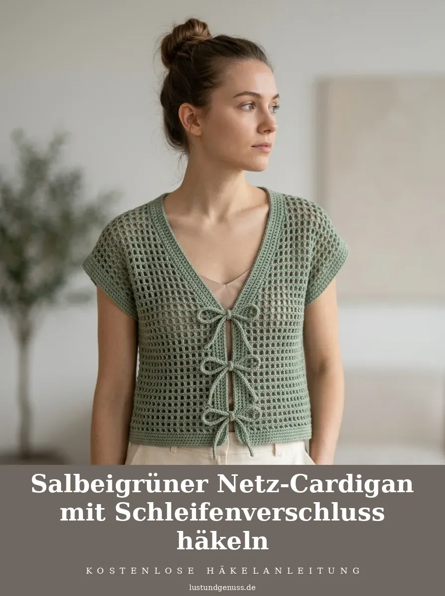 Salbeigrüner Netz-Cardigan mit Schleifenverschluss häkeln