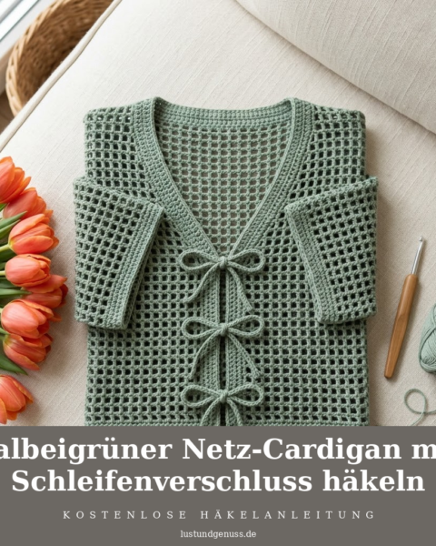 Salbeigrüner Netz-Cardigan mit Schleifenverschluss häkeln