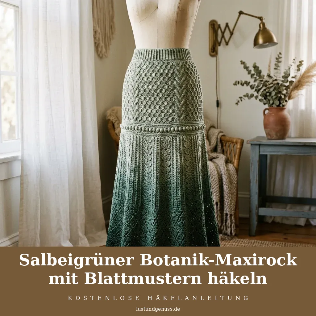 Salbeigrüner Botanik-Maxirock mit Blattmustern häkeln