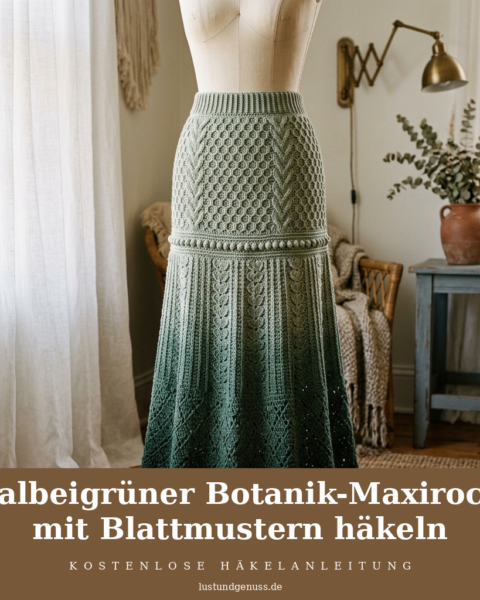 Salbeigrüner Botanik-Maxirock mit Blattmustern häkeln