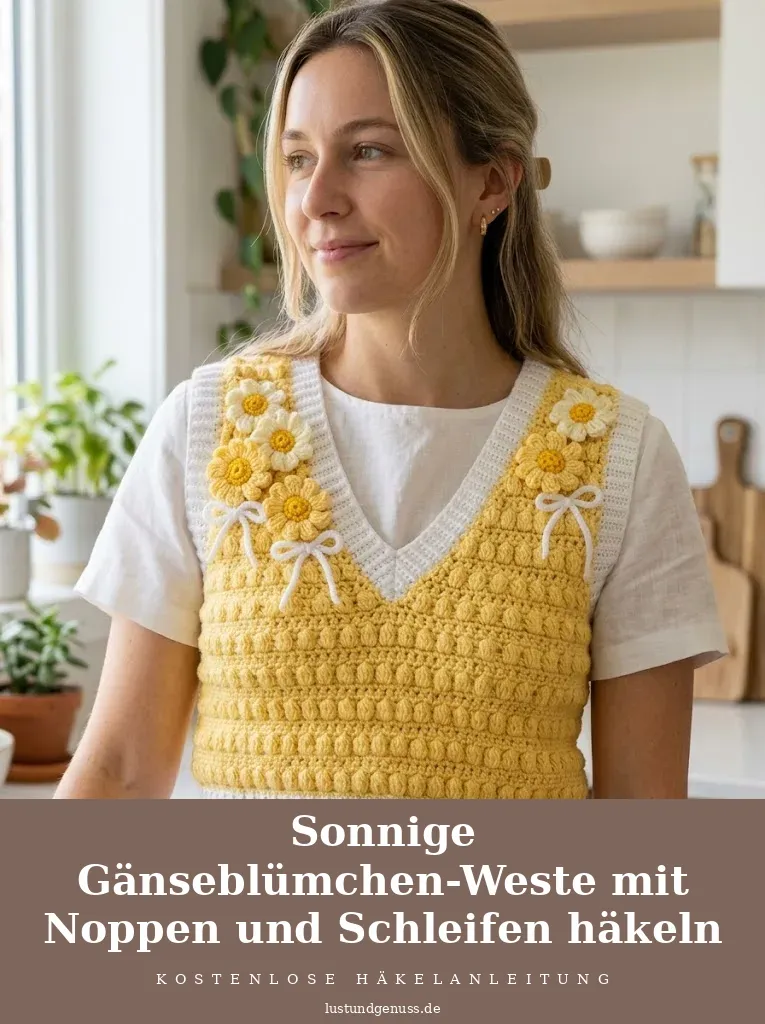 Sonnige Gänseblümchen-Weste mit Noppen und Schleifen häkeln