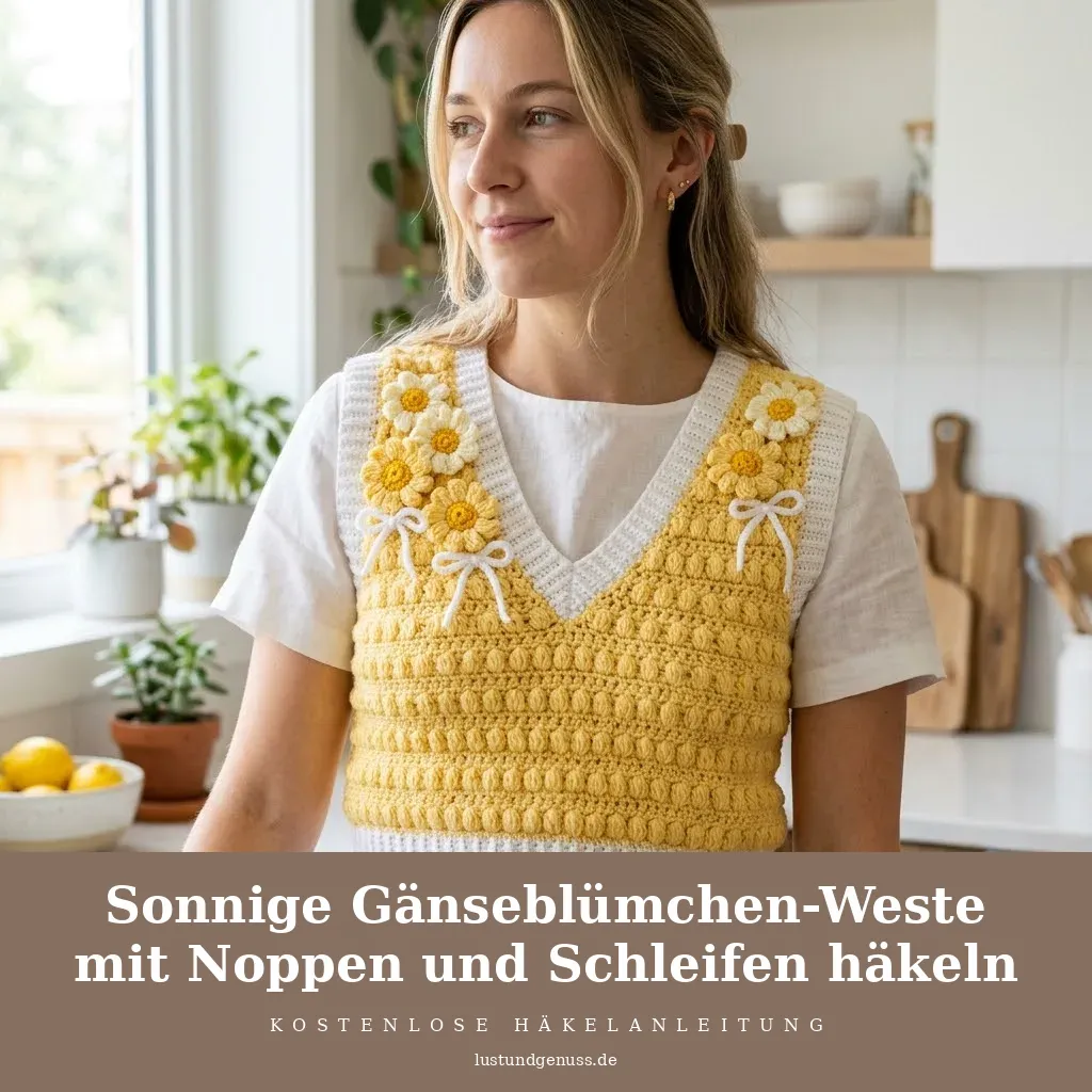 Sonnige Gänseblümchen-Weste mit Noppen und Schleifen häkeln