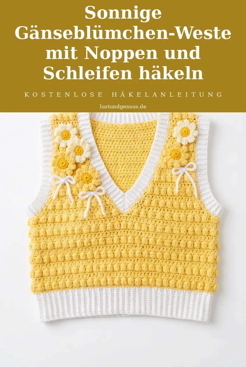 Sonnige Gänseblümchen-Weste mit Noppen und Schleifen häkeln