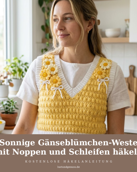 Sonnige Gänseblümchen-Weste mit Noppen und Schleifen häkeln