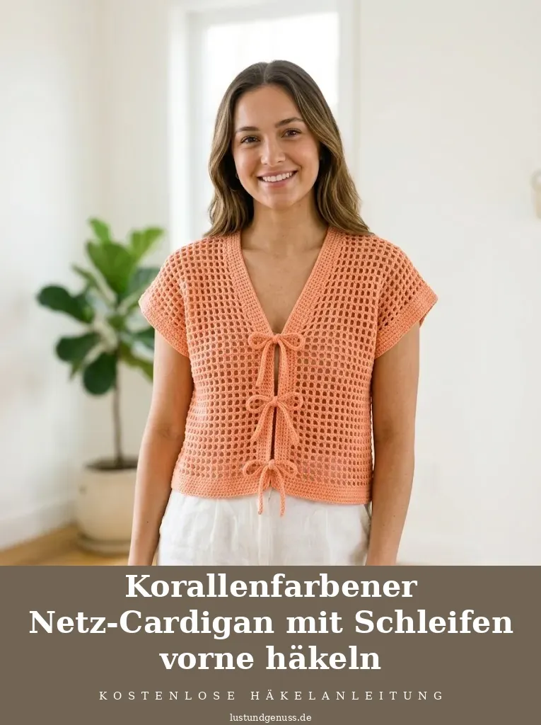 Korallenfarbener Netz-Cardigan mit Schleifen vorne häkeln