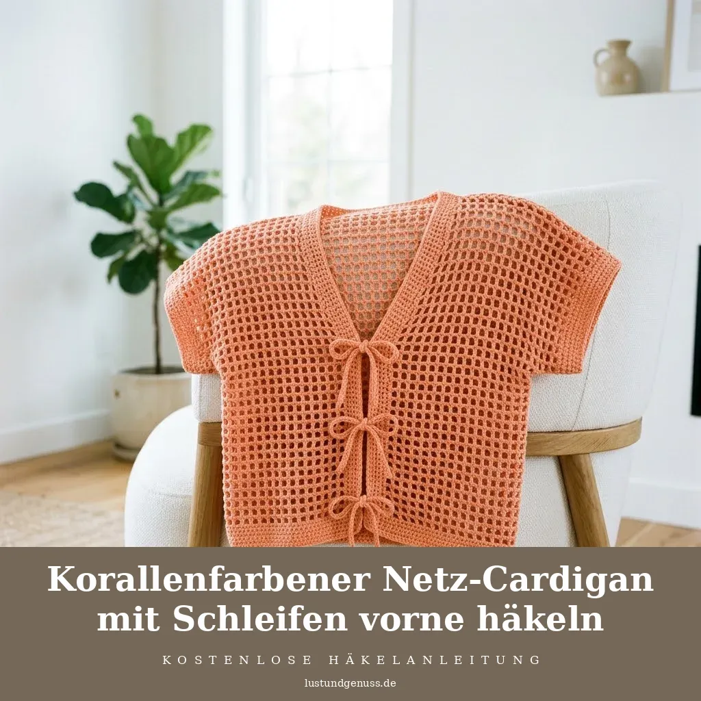 Korallenfarbener Netz-Cardigan mit Schleifen vorne häkeln