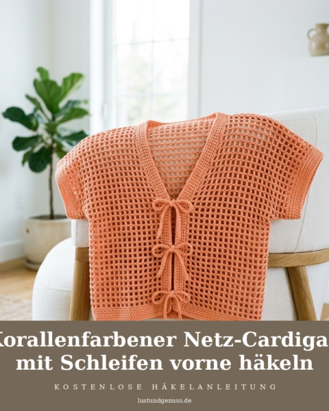 Korallenfarbener Netz-Cardigan mit Schleifen vorne häkeln