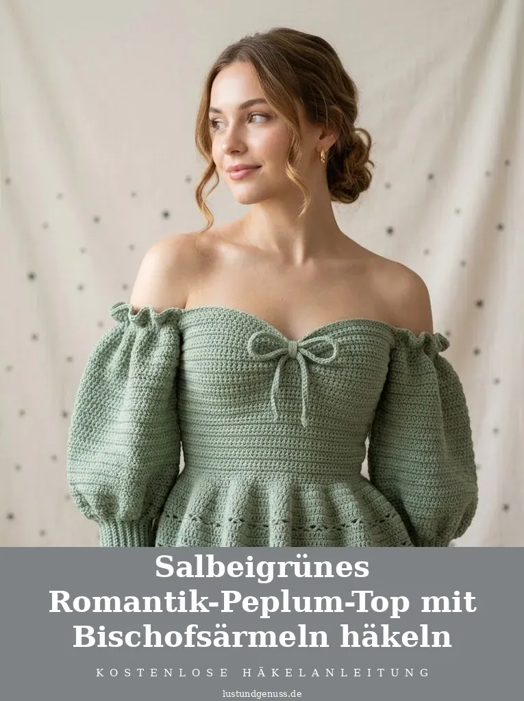 Salbeigrünes Romantik-Peplum-Top mit Bischofsärmeln häkeln
