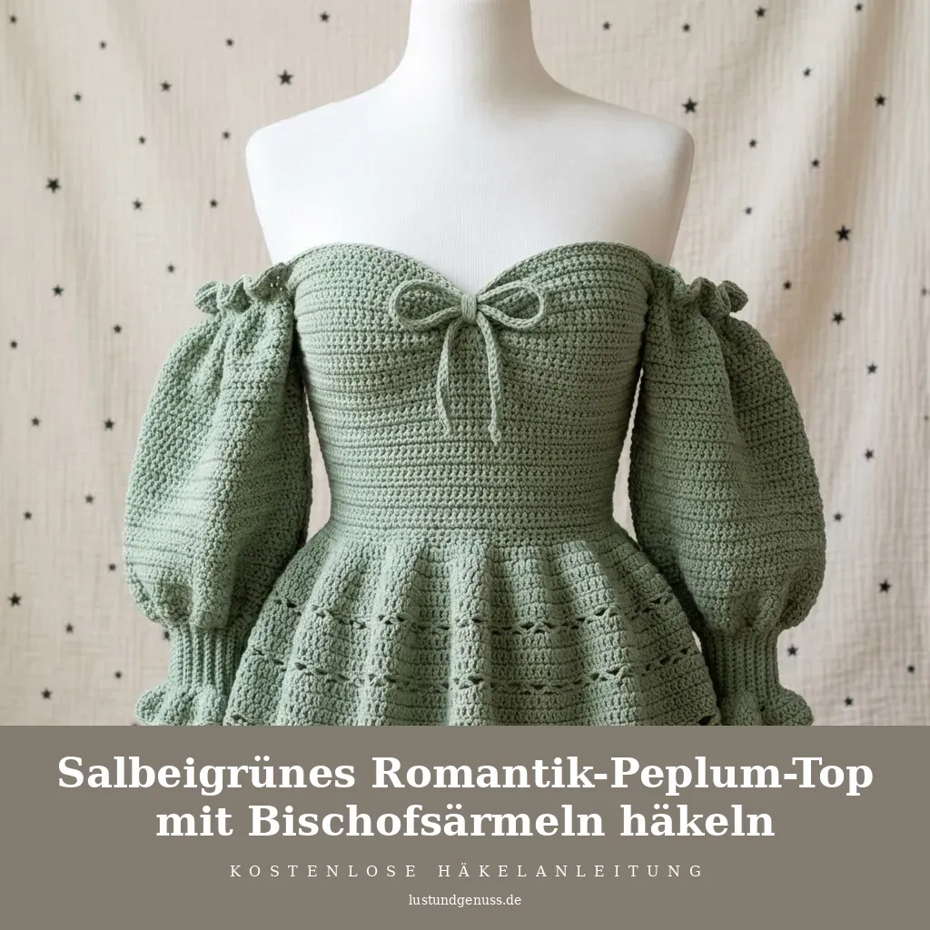 Salbeigrünes Romantik-Peplum-Top mit Bischofsärmeln häkeln