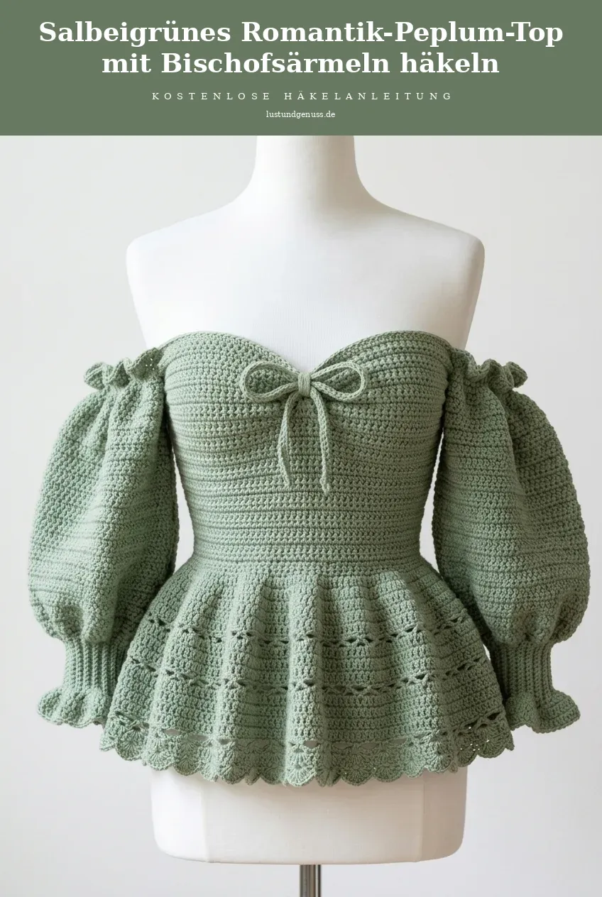 Salbeigrünes Romantik-Peplum-Top mit Bischofsärmeln häkeln