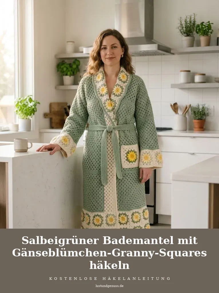Salbeigrüner Bademantel mit Gänseblümchen-Granny-Squares häkeln