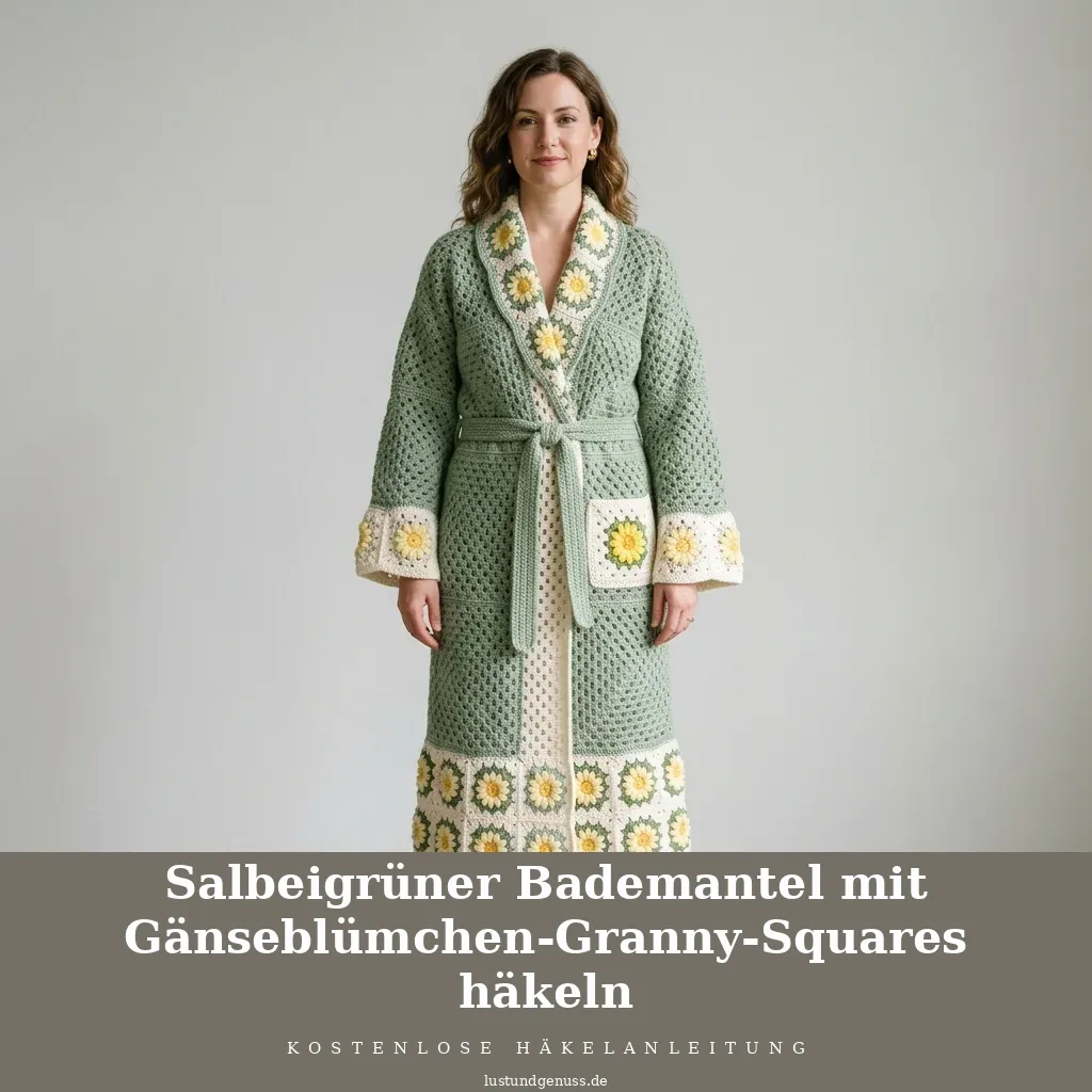 Salbeigrüner Bademantel mit Gänseblümchen-Granny-Squares häkeln