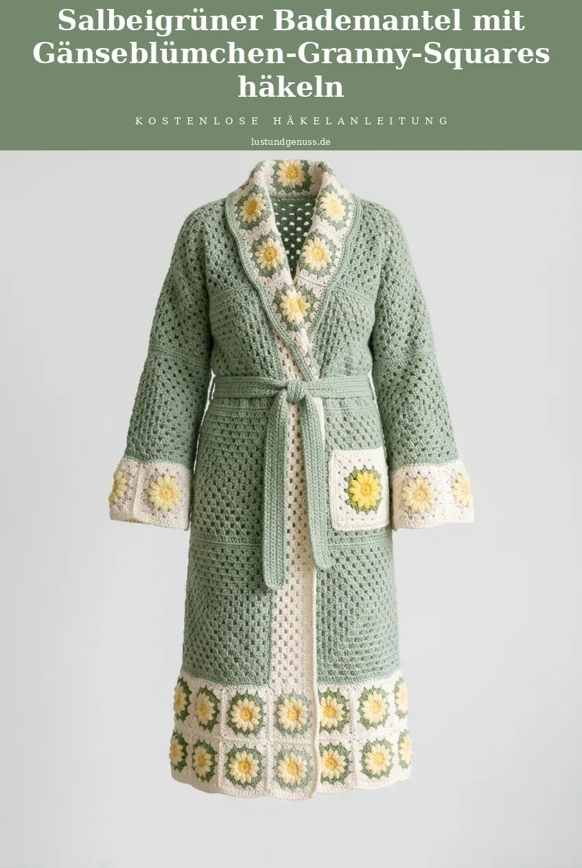 Salbeigrüner Bademantel mit Gänseblümchen-Granny-Squares häkeln