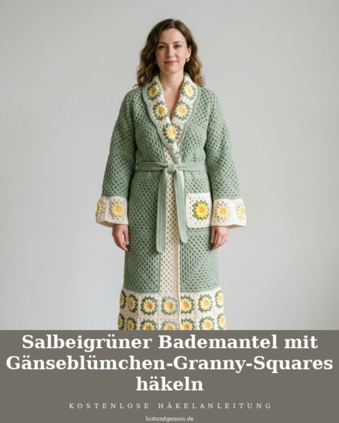 Salbeigrüner Bademantel mit Gänseblümchen-Granny-Squares häkeln
