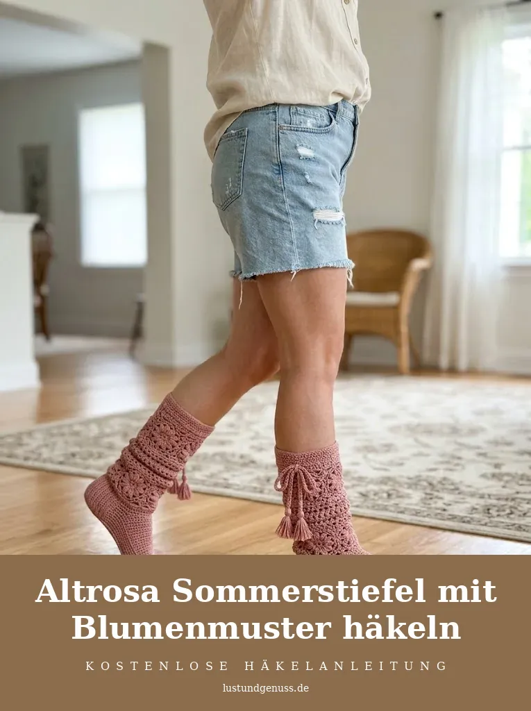 Altrosa Sommerstiefel mit Blumenmuster häkeln