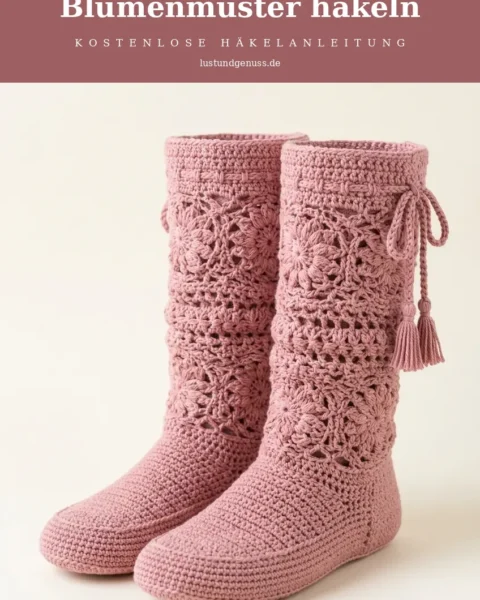 Altrosa Sommerstiefel mit Blumenmuster häkeln