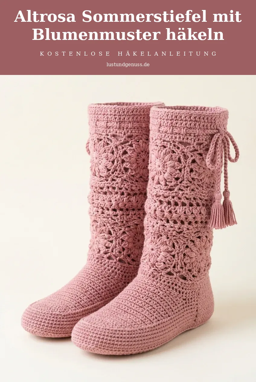 Altrosa Sommerstiefel mit Blumenmuster häkeln