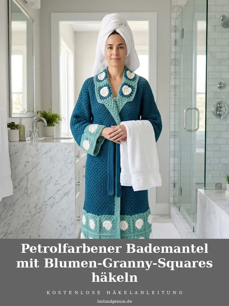 Petrolfarbener Bademantel mit Blumen-Granny-Squares häkeln