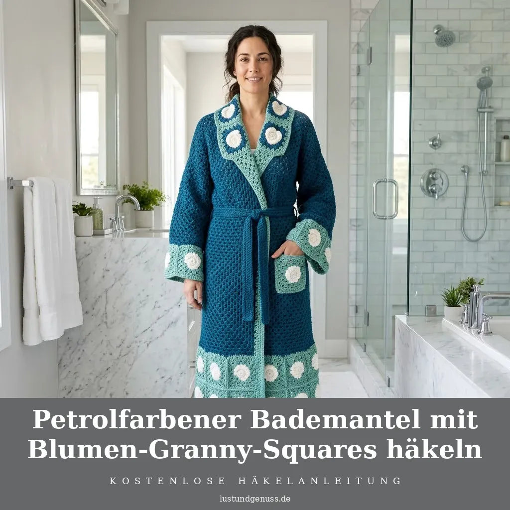 Petrolfarbener Bademantel mit Blumen-Granny-Squares häkeln