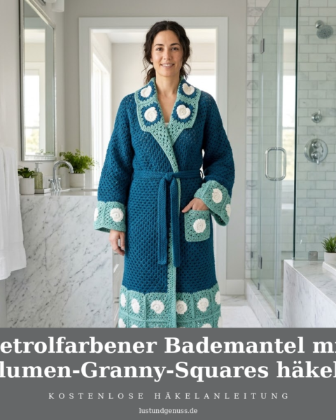 Petrolfarbener Bademantel mit Blumen-Granny-Squares häkeln