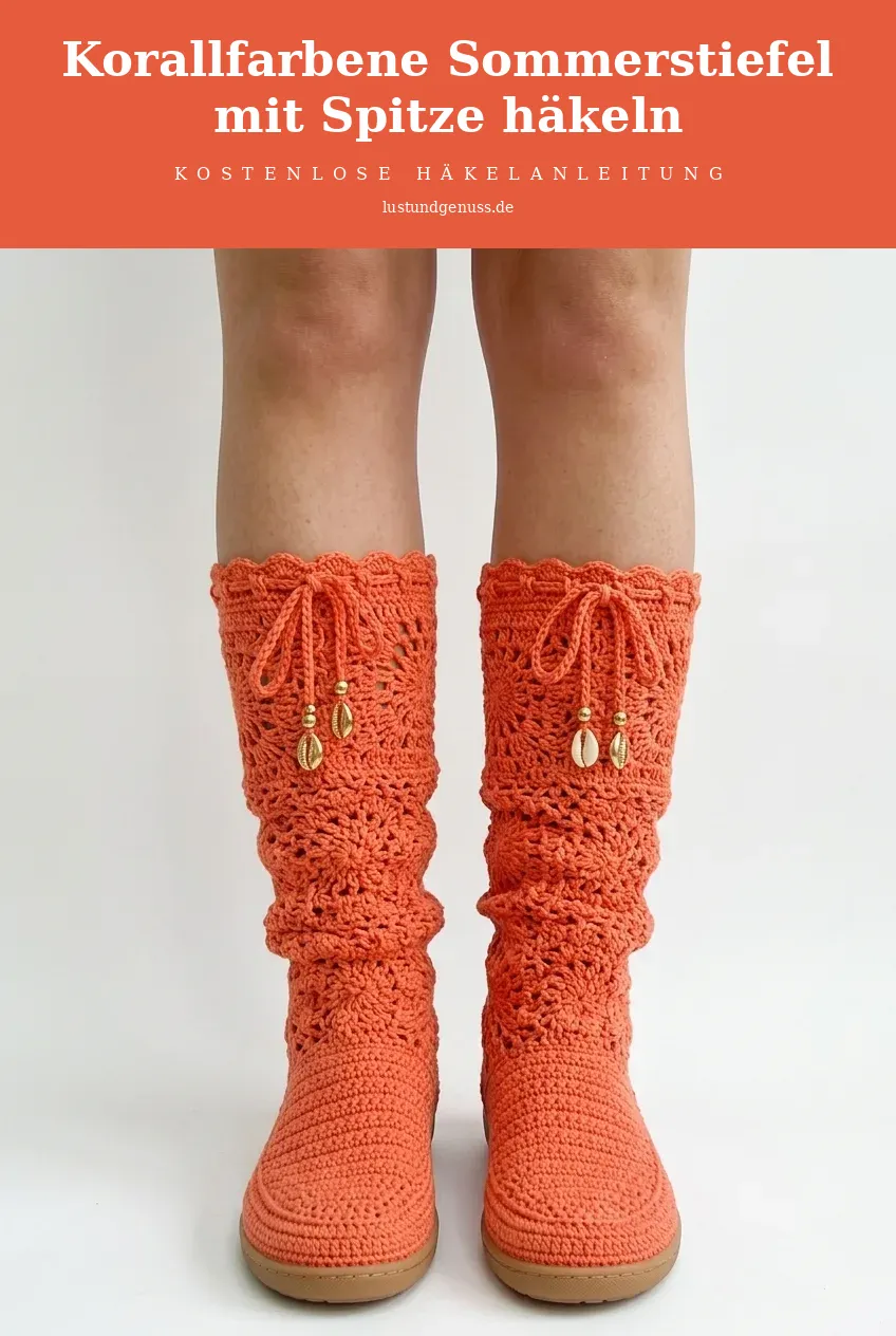 Korallfarbene Sommerstiefel mit Spitze häkeln