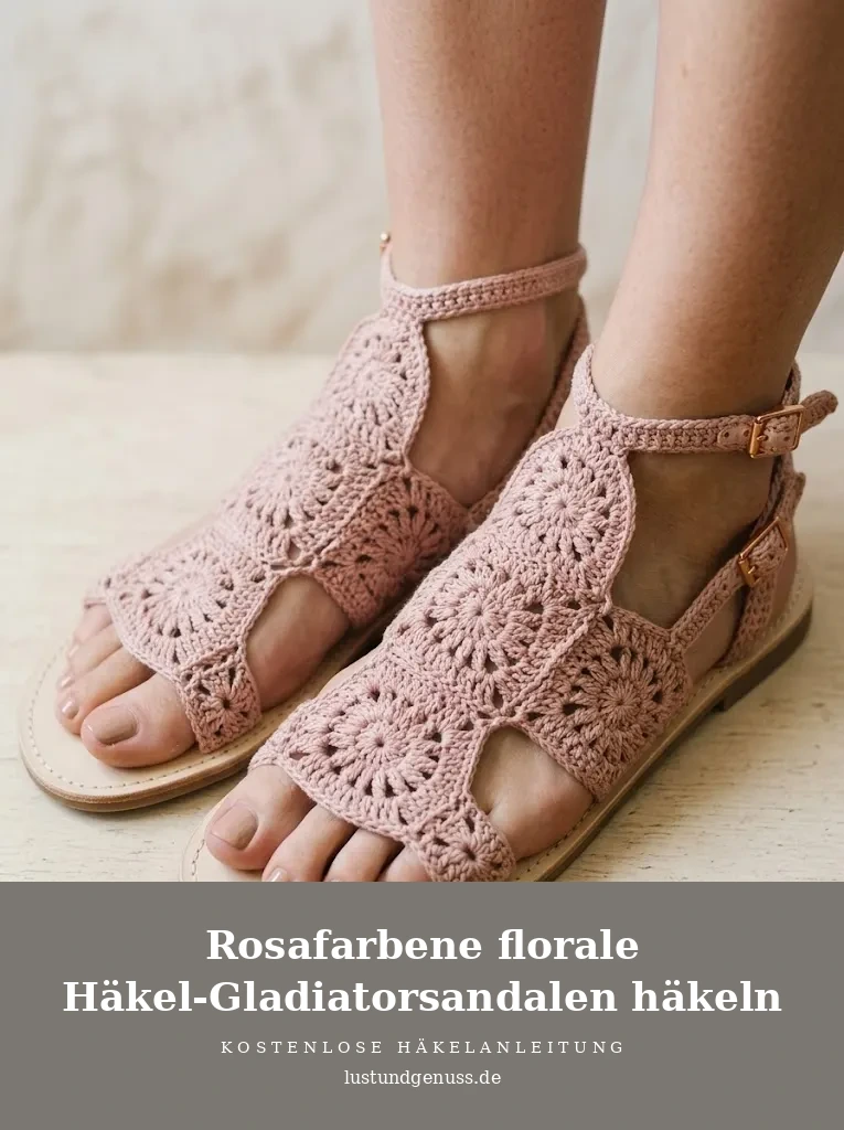 Rosafarbene florale Häkel-Gladiatorsandalen häkeln