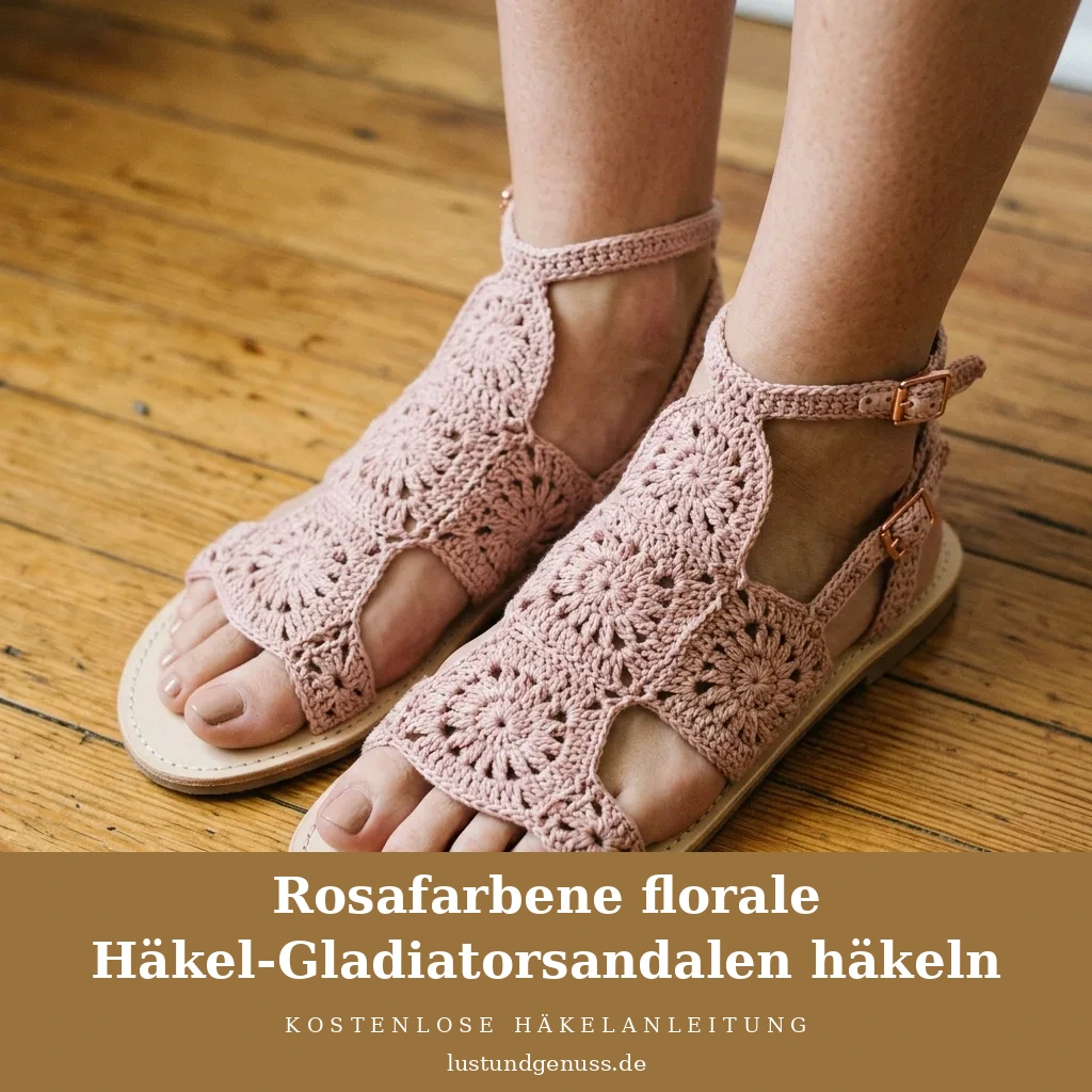 Rosafarbene florale Häkel-Gladiatorsandalen häkeln